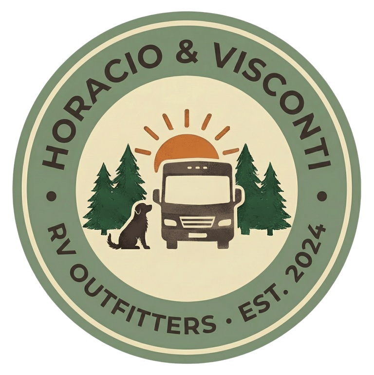 Horacio and Visconti RV Outfitters logo featuring a motorhome, dog, and pine trees under a rising sun.