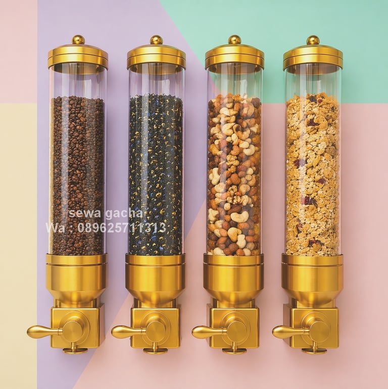 jasa sewa wall mounted display snack / biji kopi dispenser gold