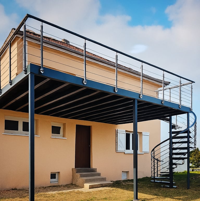 Garde-corps en métal noir moderne et terrasse, réalisé par Leinor en Belgique.