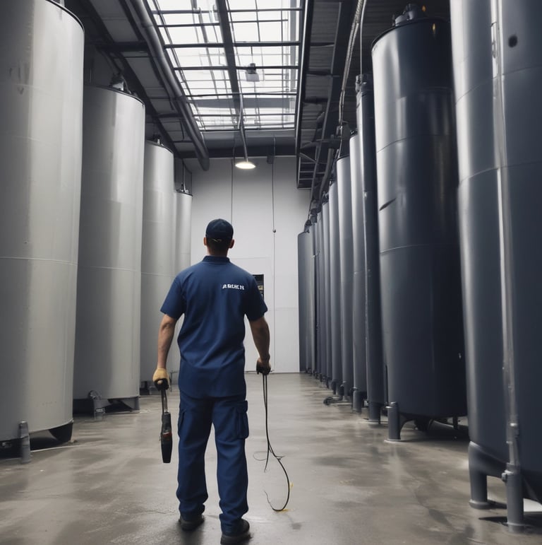 a man in a blue shirt and blue pants performing a silo cleaning services