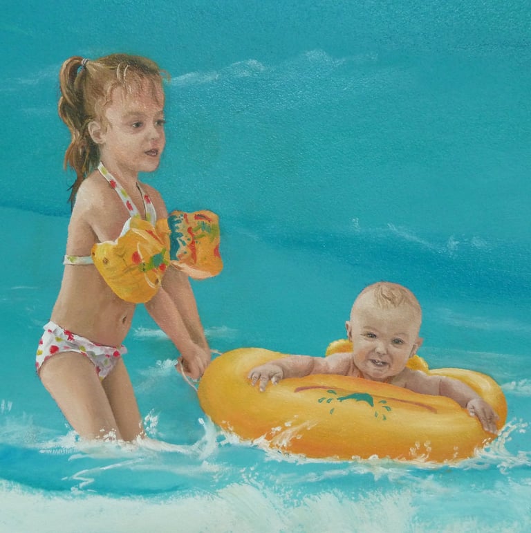 Détail fresque intérieure: des enfants avec des bouées jouent dans la mer. Tournus 71.