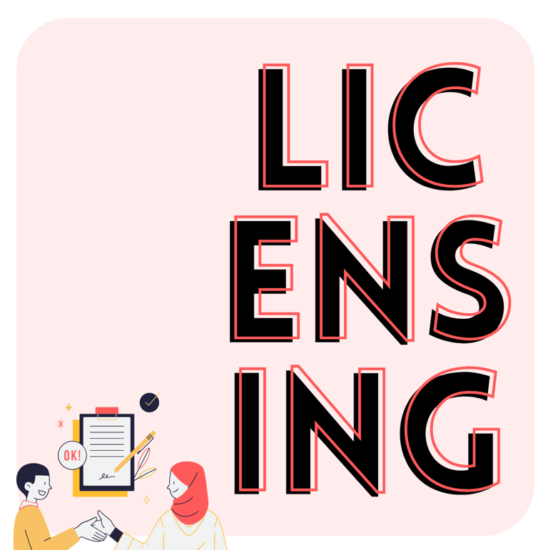 a woman is standing in front of a sign that says licensing.