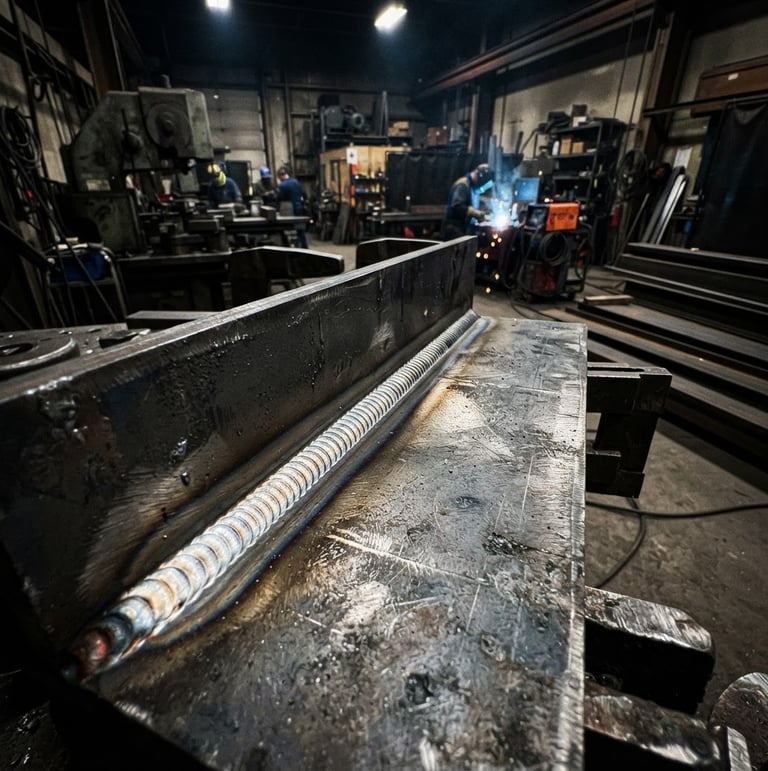 Close-up of a clean, strong weld bead on heavy-gauge steel, industrial workshop background, dramatic lighting, sharp focus, cool steel tones.