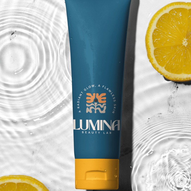Lumina Beauty Lab skincare tube with lemon slices and water ripples for a radiant glow.