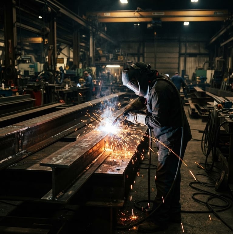 Dramatic industrial photography of heavy steel beams being welded on a fabrication floor, bright orange welding sparks flying, deep metallic tones, sharp focus, 35mm