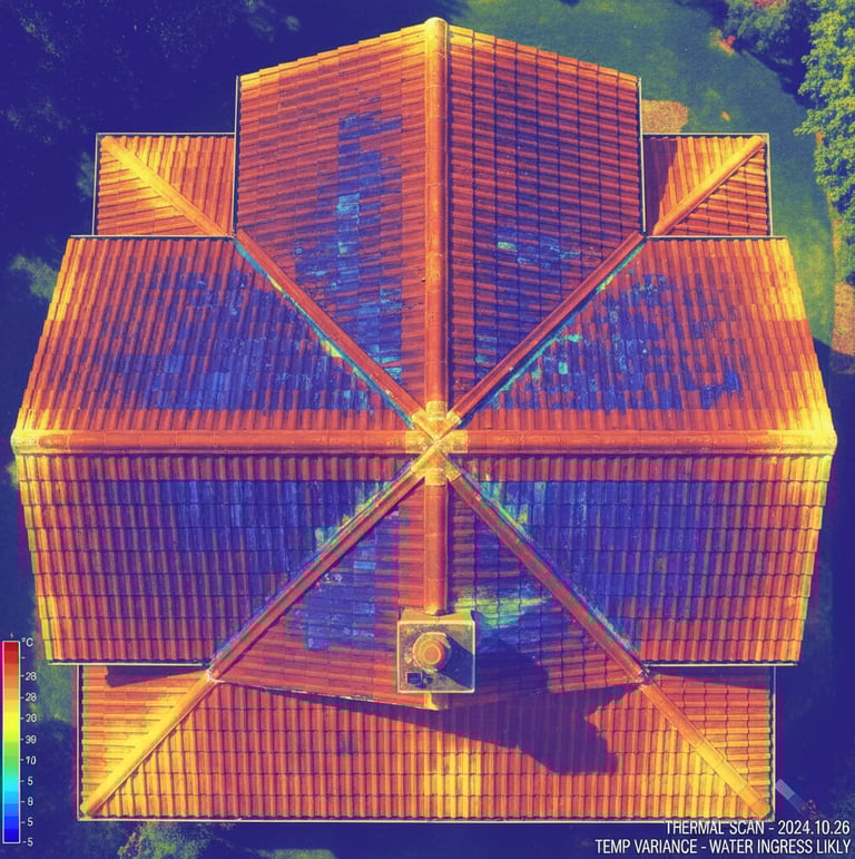 Thermal roof image showing temperature variance and likely water ingress