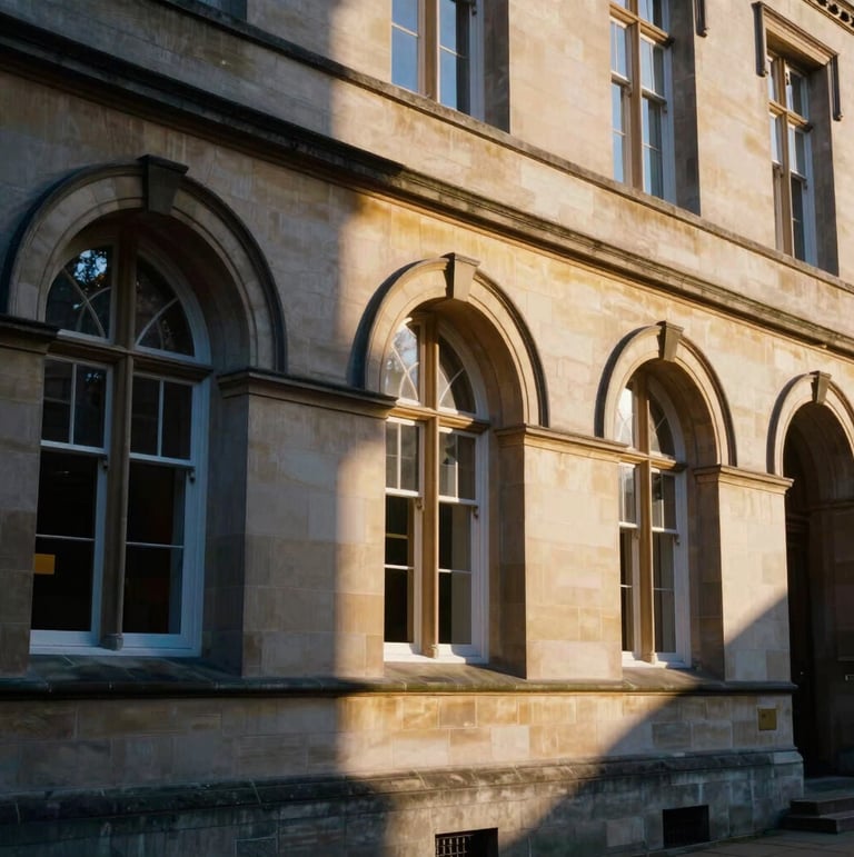 An elegant architectural shot of a historic university campus with arched stone windows, soft golden hour sunlight, deep navy shadows, shallow depth of field, 35mm