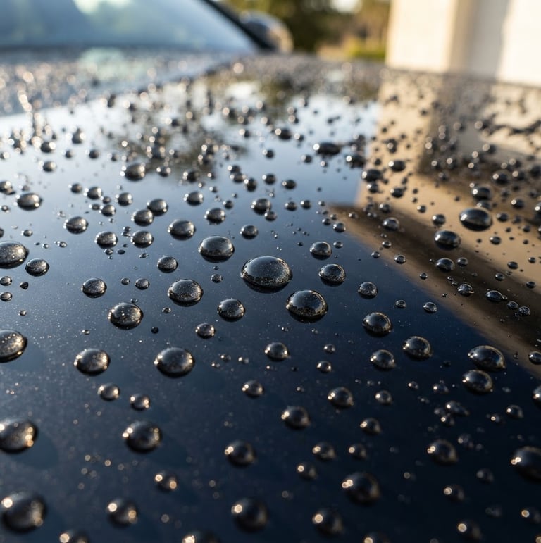 Close-up of water beading perfectly on a freshly ceramic-coated dark car hood, sharp reflection, high-contrast natural sunlight, deep rich tones, 50mm lens, editorial look