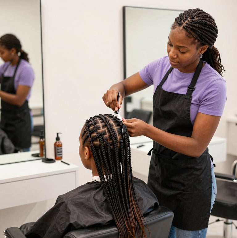 Close-up of a stylist gently braiding lush afro hair in a warm, elegant salon setting.
