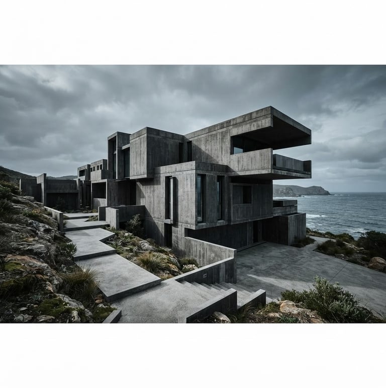 Wide panoramic view of a brutalist concrete residence exterior, sharp geometric shadows, overcast moody daylight, no people, minimalist aesthetic.