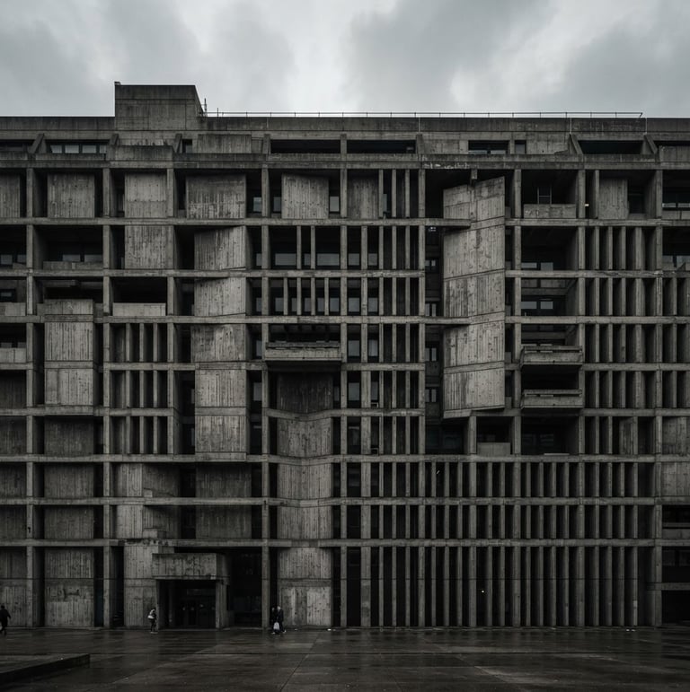 Wide-angle architectural photograph of a massive, unadorned raw concrete commercial building facade, emphasizing geometric shadows and structural honesty under overcast daylight, desaturated charcoal tones.