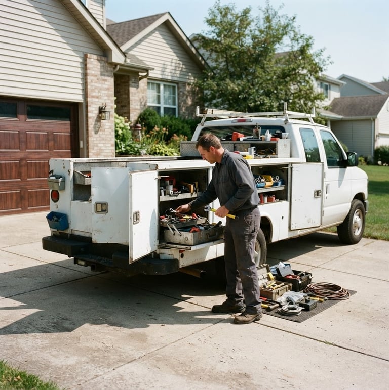A Radford Garage Door's Repairs Team service truck parked in a residential driveway, technician preparing tools, bright natural daylight, high-contrast industrial tones, sharp focus, 35mm lens