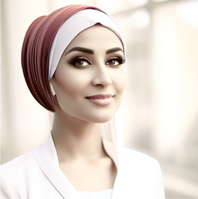 a woman in a turban with a white headband
