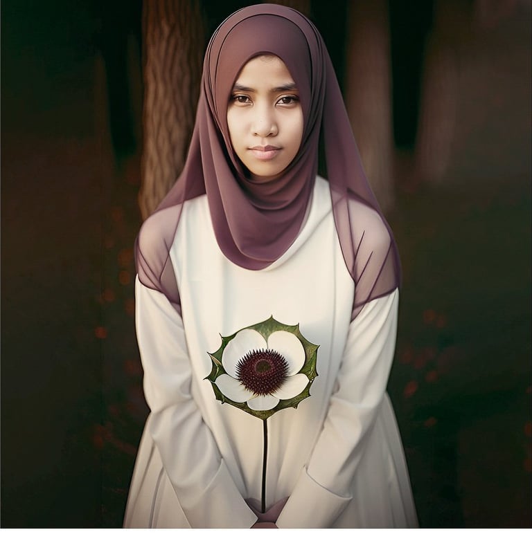 a woman in a white dress and a flower in her hands