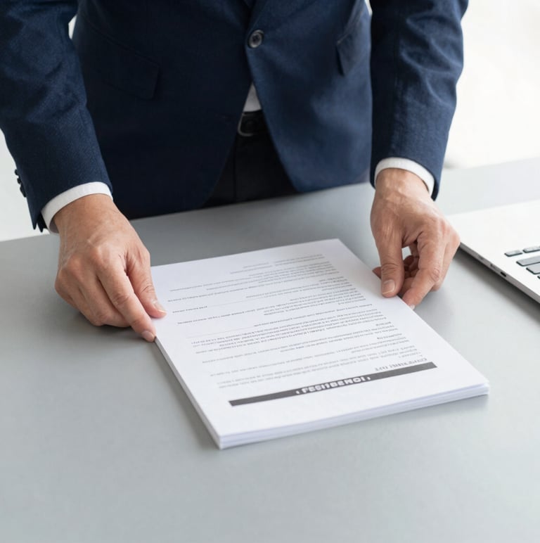 Professional corporate photography, clean neutral office daylight, close-up of hands organizing official German compliance documents on a slate grey desk, sharp focus, 35mm