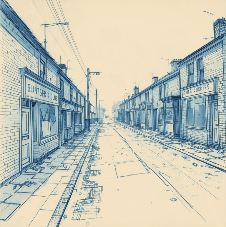 a drawing of a street scene with a train track