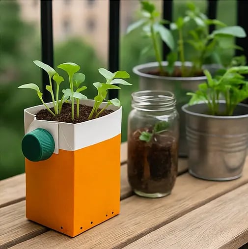 Brique alimentaire recyclée en pot de culture, contenant de jeunes pousses, posée sur une table