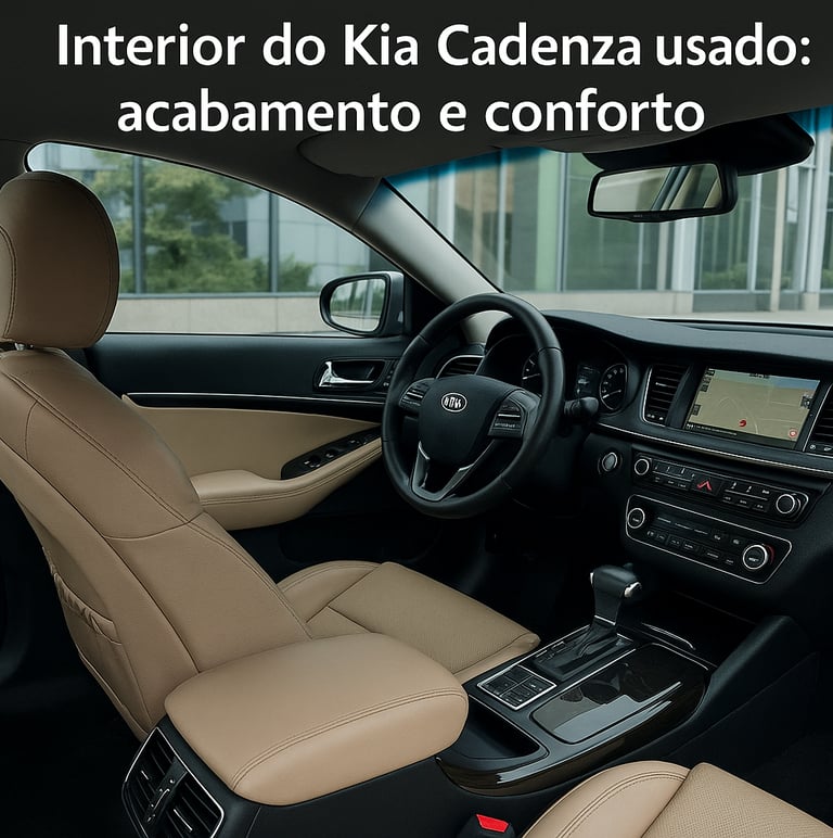 Interior do Kia Cadenza usado com bancos de couro e painel completo
