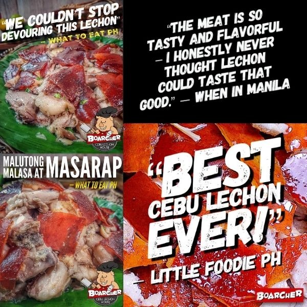 photo collage of cebu lechon reviews of boarcher cebu lechon house