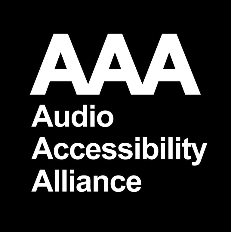 AAA logo 3 capital A’s in white on a black background with Audio Accessibility Alliance below