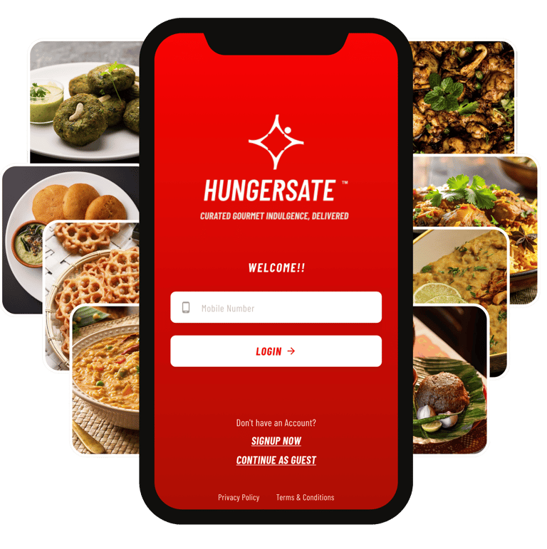 Hero image showing Hungersate app on smartphone with authentic Indian food