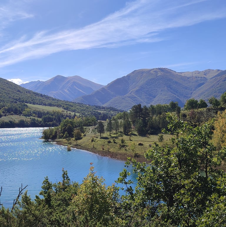 Ausschnitt eines Sees mit Bergen im Hintergrund und Baumkronen im Vordergrund