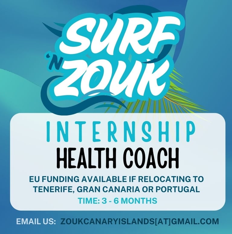 internship position for health coach at Surf 'n Zouk dance events with EU funding possible