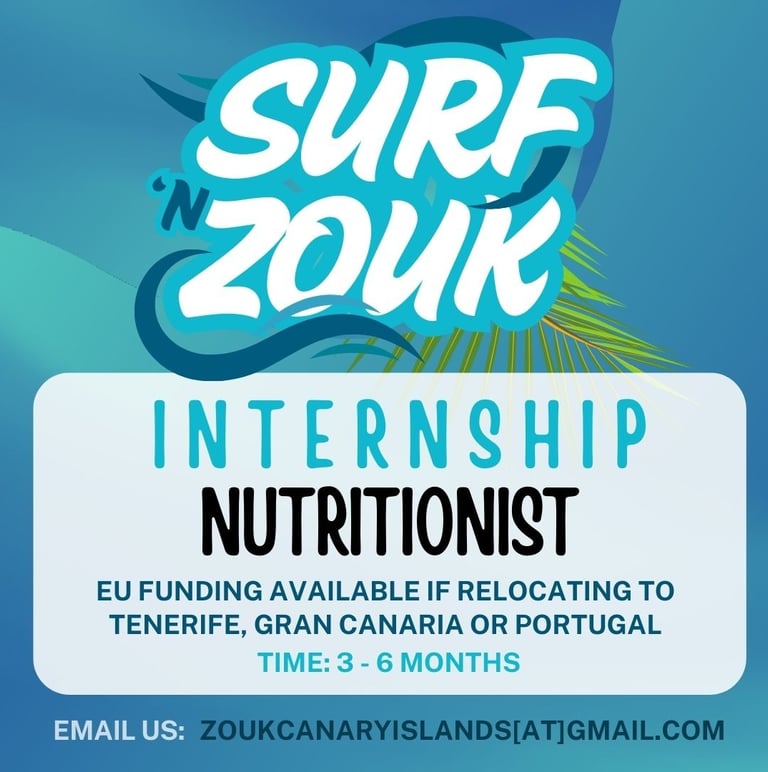 internship position for nutritionist at Surf 'n Zouk dance events with EU funding possible