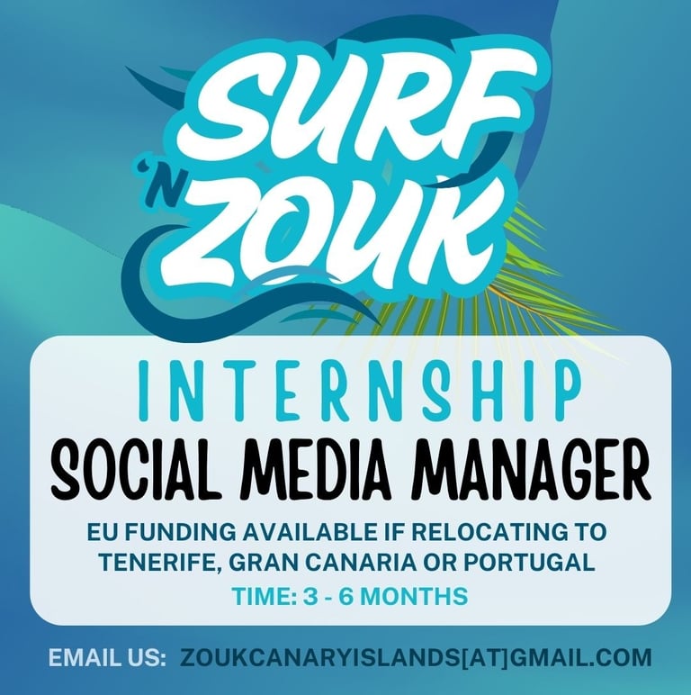 internship position for social media manager at Surf 'n Zouk dance events with EU funding possible