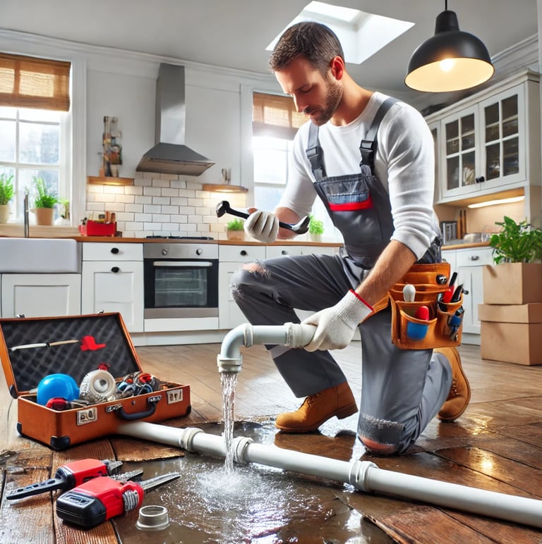 An emergency property repair worker in London fixing a burst pipe in a modern kitchen, using plumbin