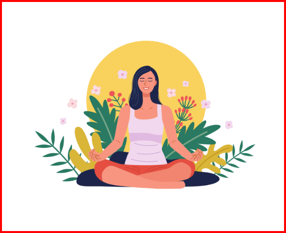 a woman sitting in a lotus position meditating with flowers and the sun behind her