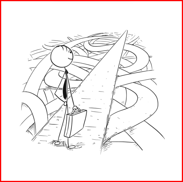 A man staring at a straight path with many confusing paths around it