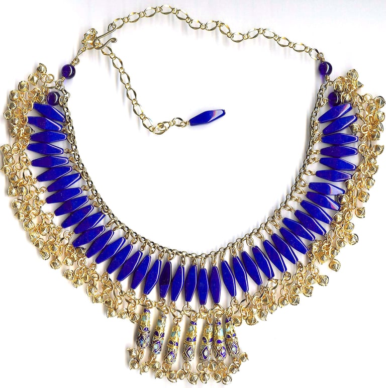 Egyptian style collar with royal blue glass and gold-tone bells