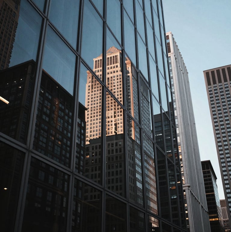Wide-angle photograph of a sophisticated North American / US downtown skyline reflected in a polished glass window, evening light with midnight blue and silver grey hues.