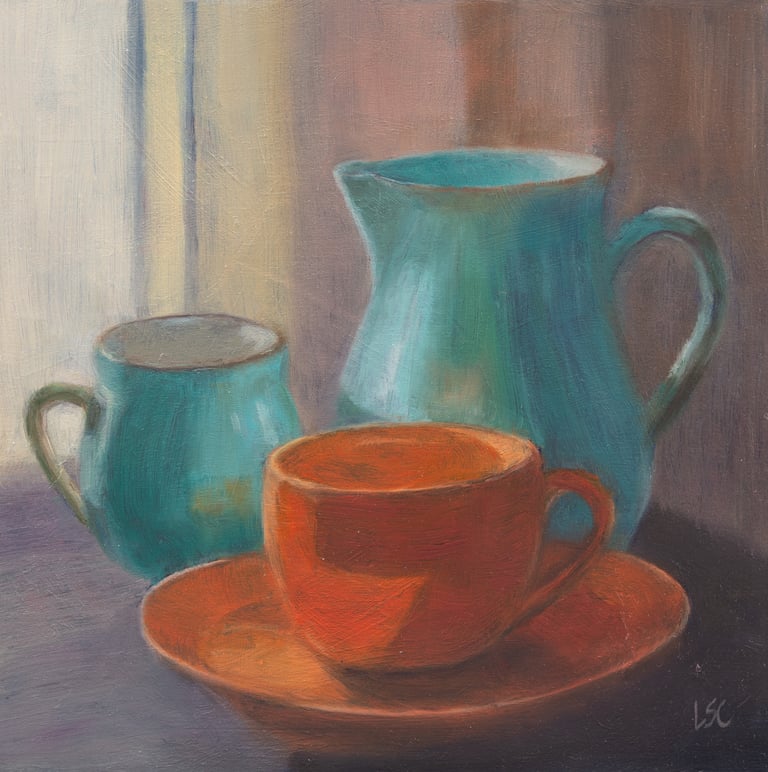 An original oil painting of an orange cup & saucer & two turquoise jugs