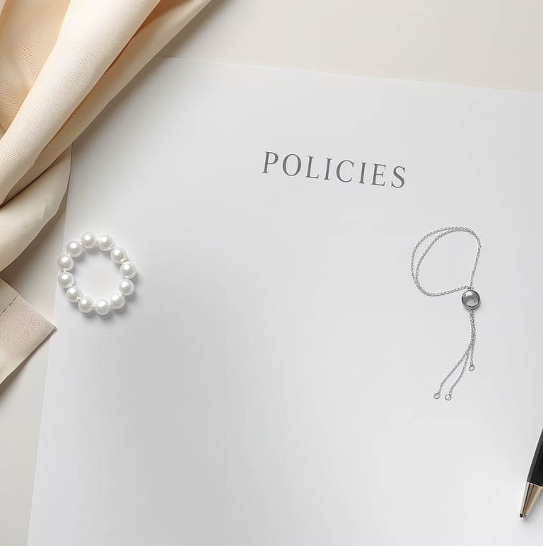 A business policy document on a desk with elegant jewelry, a black pen, and silk fabric.
