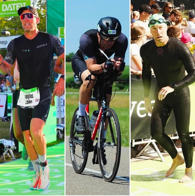A male triathlete competing in the swimming, cycling, and running stages of Challenge Roth triathlon