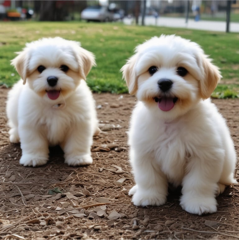 Two white Mal-Shi puppies sitting in yard 