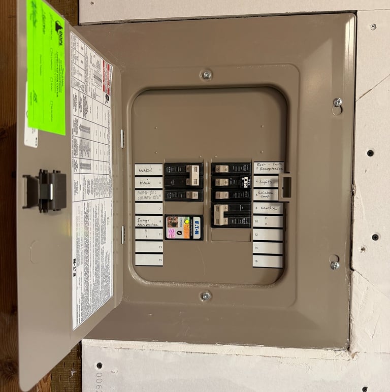 Open residential electrical subpanel secondary breaker box