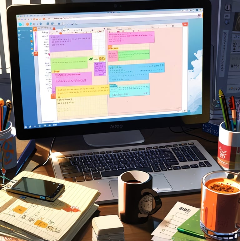 A computer screen showing a blog draft in progress on a table surrounded by books and drinks, creati