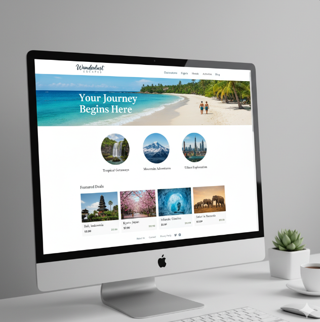 a computer monitor screen showing a desktop computer screen displaying a travel website page