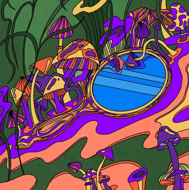 a colorful abstract painting of a mirror around mushrooms