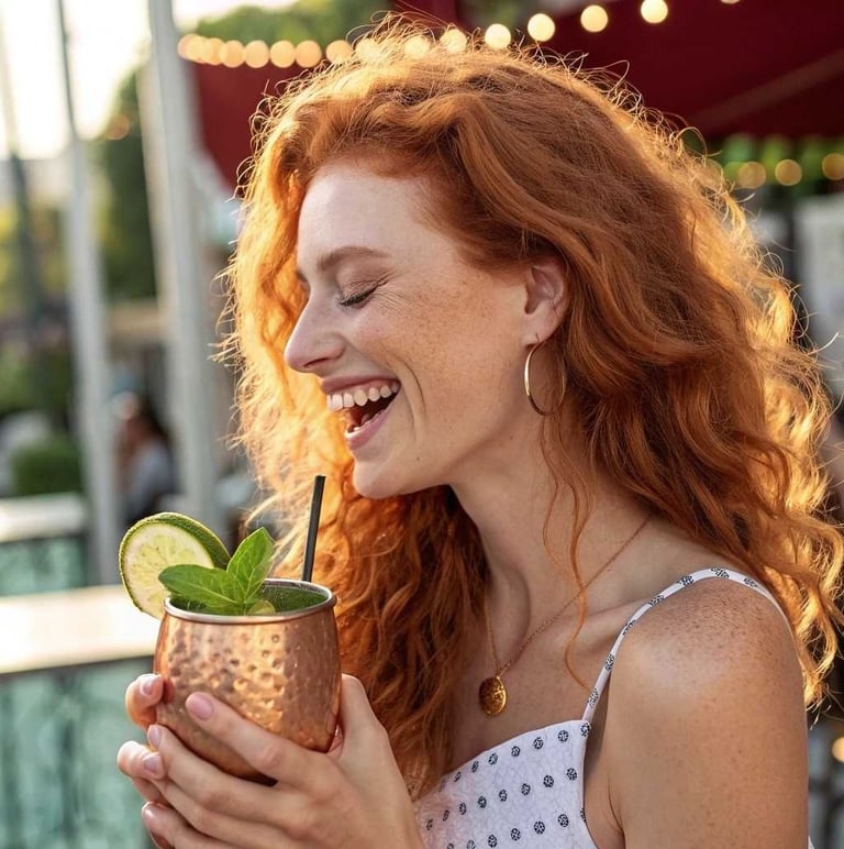 Mulher feliz aproveitando open bar com um drinks personalizados da Lab Bar.