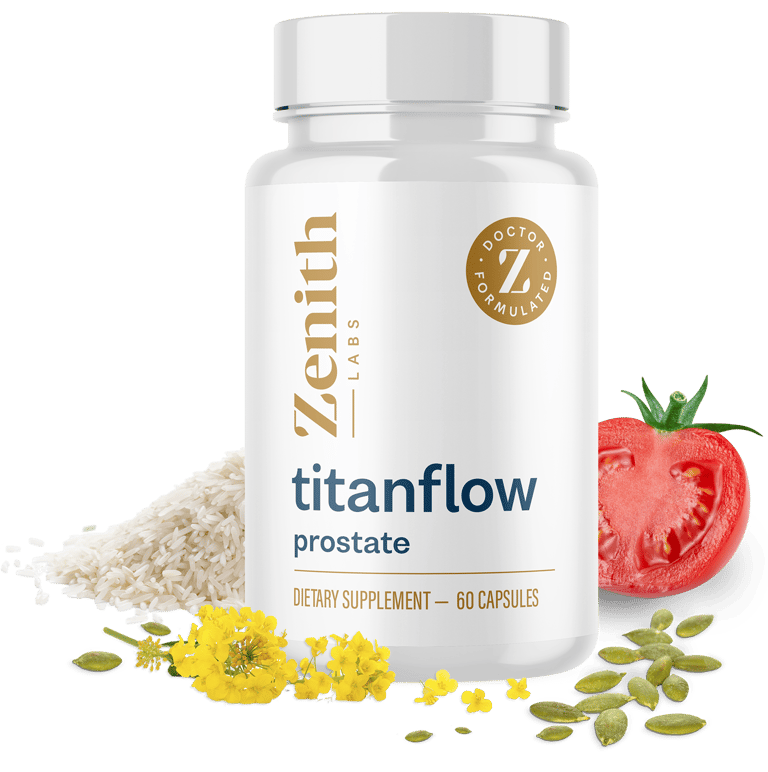 Zenith Labs TitanFlow prostate dietary supplement bottle with pumpkin seeds, tomato, and rice.