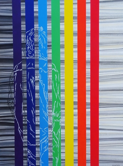 a man standing in front of a wall with a rainbow - colored background