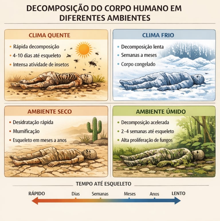 Infográfico científico comparando decomposição do corpo humano em diferentes ambientes