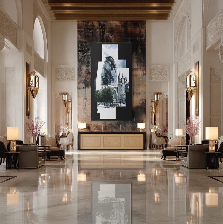 A joiner of the Gherkin in London in a hotel lobby