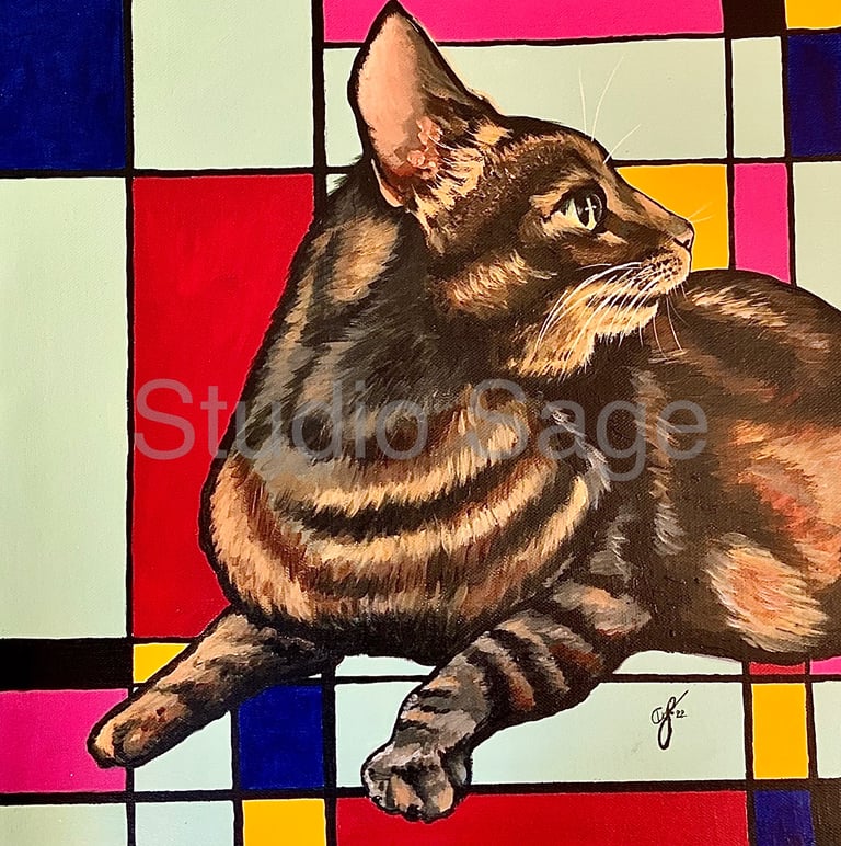 Cat, Mondrian, art, acrylic, painting, abstract, surreal, kitty, pet