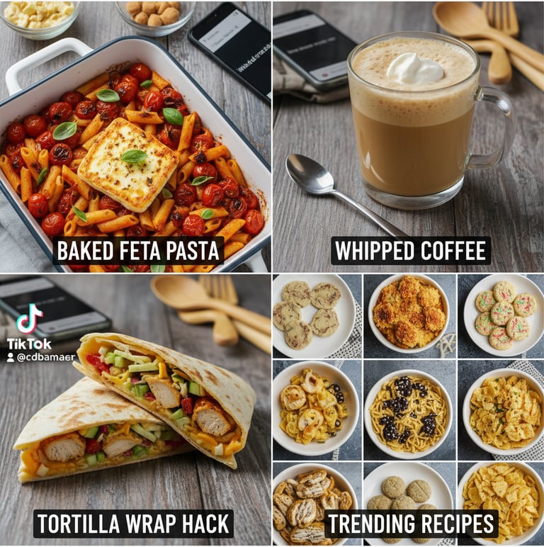 Collage of viral TikTok food trends including popular recipe hacks