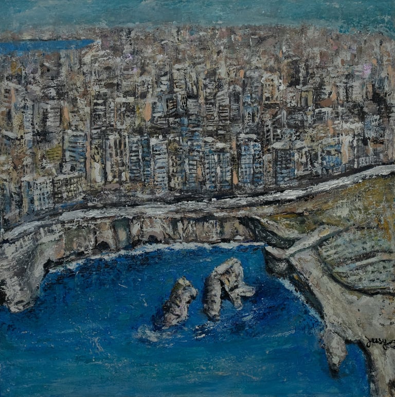 Acrylic on canvas painting of the iconic Raouche rock in Beirut Lebanon by artist Jessy Tabet